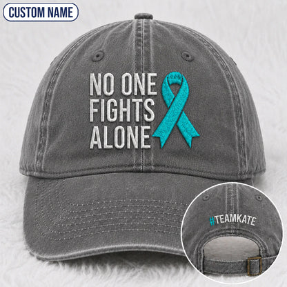 Personalized No One Fights Alone Teal Ribbon Embroidered Washed Cap