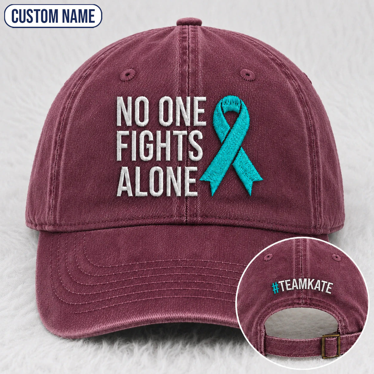 Personalized No One Fights Alone Teal Ribbon Embroidered Washed Cap