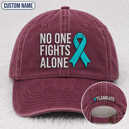 Personalized No One Fights Alone Teal Ribbon Embroidered Washed Cap