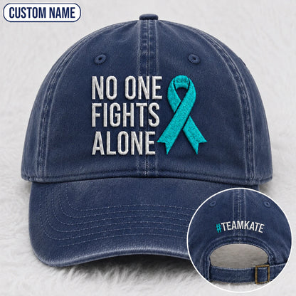 Personalized No One Fights Alone Teal Ribbon Embroidered Washed Cap