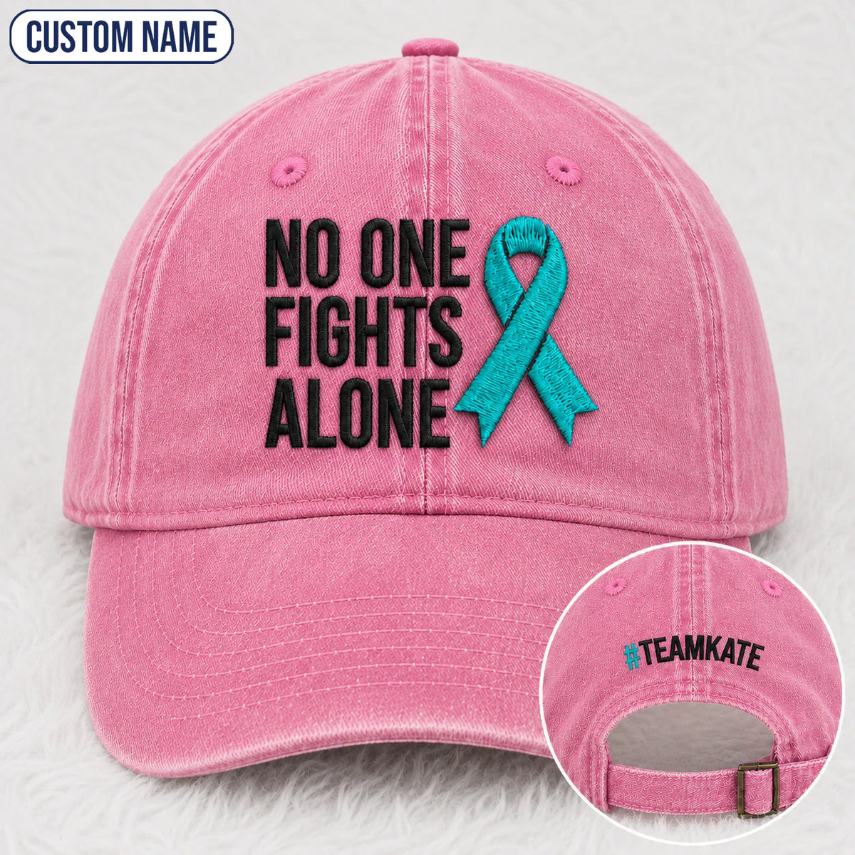 Personalized No One Fights Alone Teal Ribbon Embroidered Washed Cap