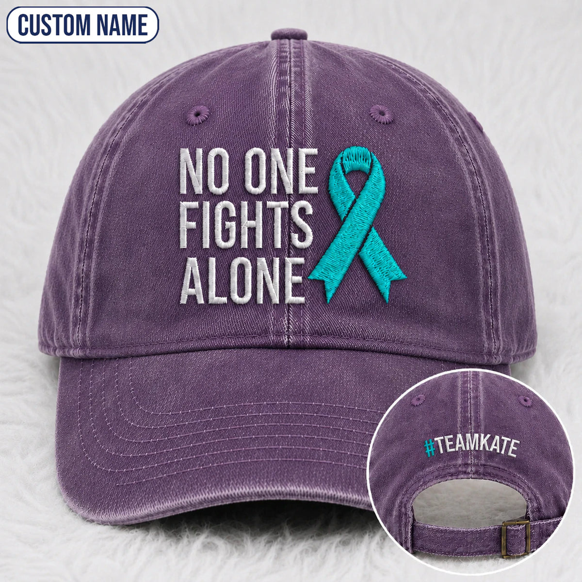 Personalized No One Fights Alone Teal Ribbon Embroidered Washed Cap