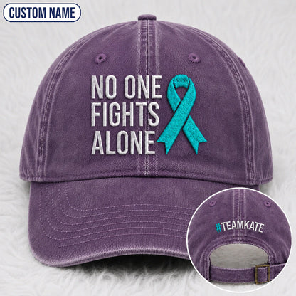 Personalized No One Fights Alone Teal Ribbon Embroidered Washed Cap