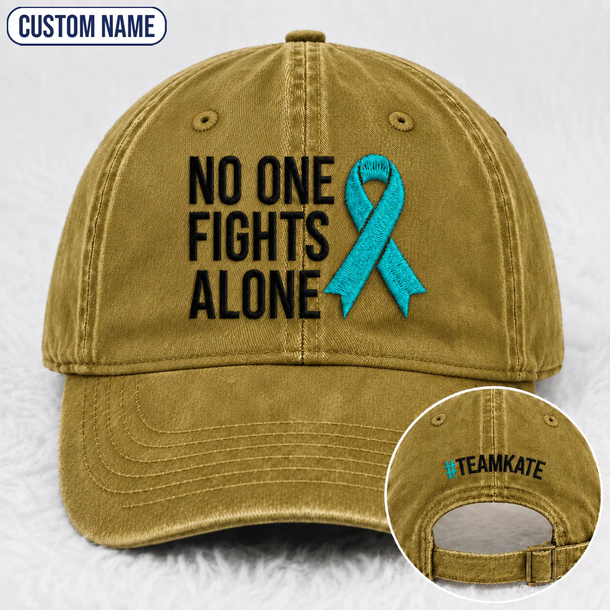 Personalized No One Fights Alone Teal Ribbon Embroidered Washed Cap