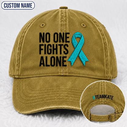 Personalized No One Fights Alone Teal Ribbon Embroidered Washed Cap