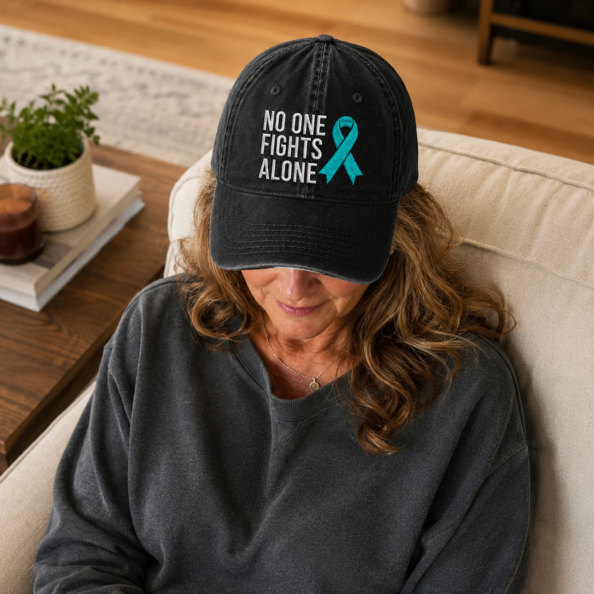 Personalized No One Fights Alone Teal Ribbon Embroidered Washed Cap