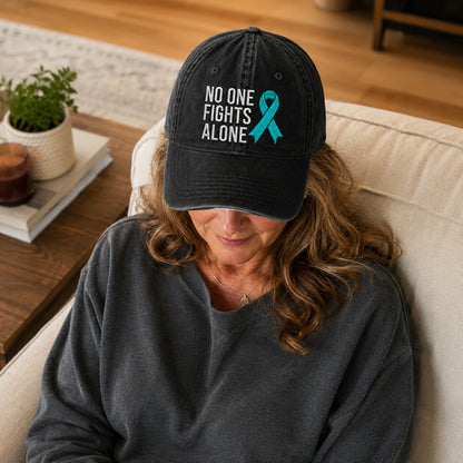 Personalized No One Fights Alone Teal Ribbon Embroidered Washed Cap