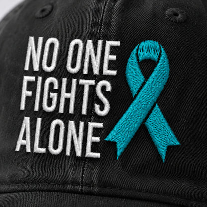 Personalized No One Fights Alone Teal Ribbon Embroidered Washed Cap