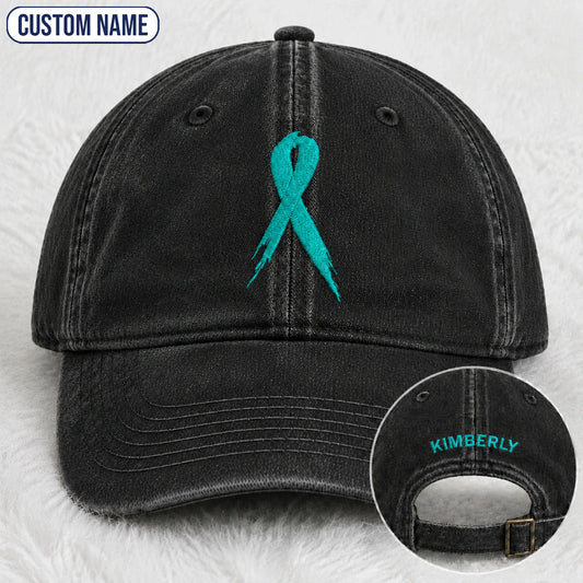 Personalized Ribbon Teal Ribbon Embroidered Washed Cap