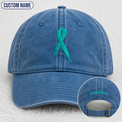 Personalized Ribbon Teal Ribbon Embroidered Washed Cap