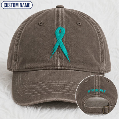 Personalized Ribbon Teal Ribbon Embroidered Washed Cap