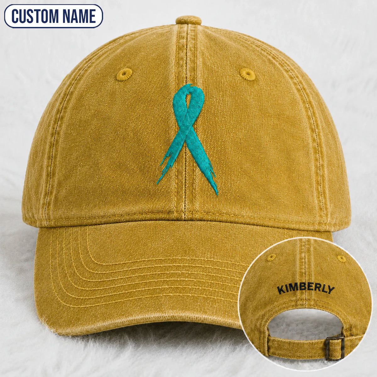 Personalized Ribbon Teal Ribbon Embroidered Washed Cap