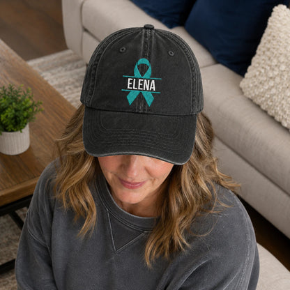 Personalized Ribbon V2 Teal Ribbon Embroidered Washed Cap