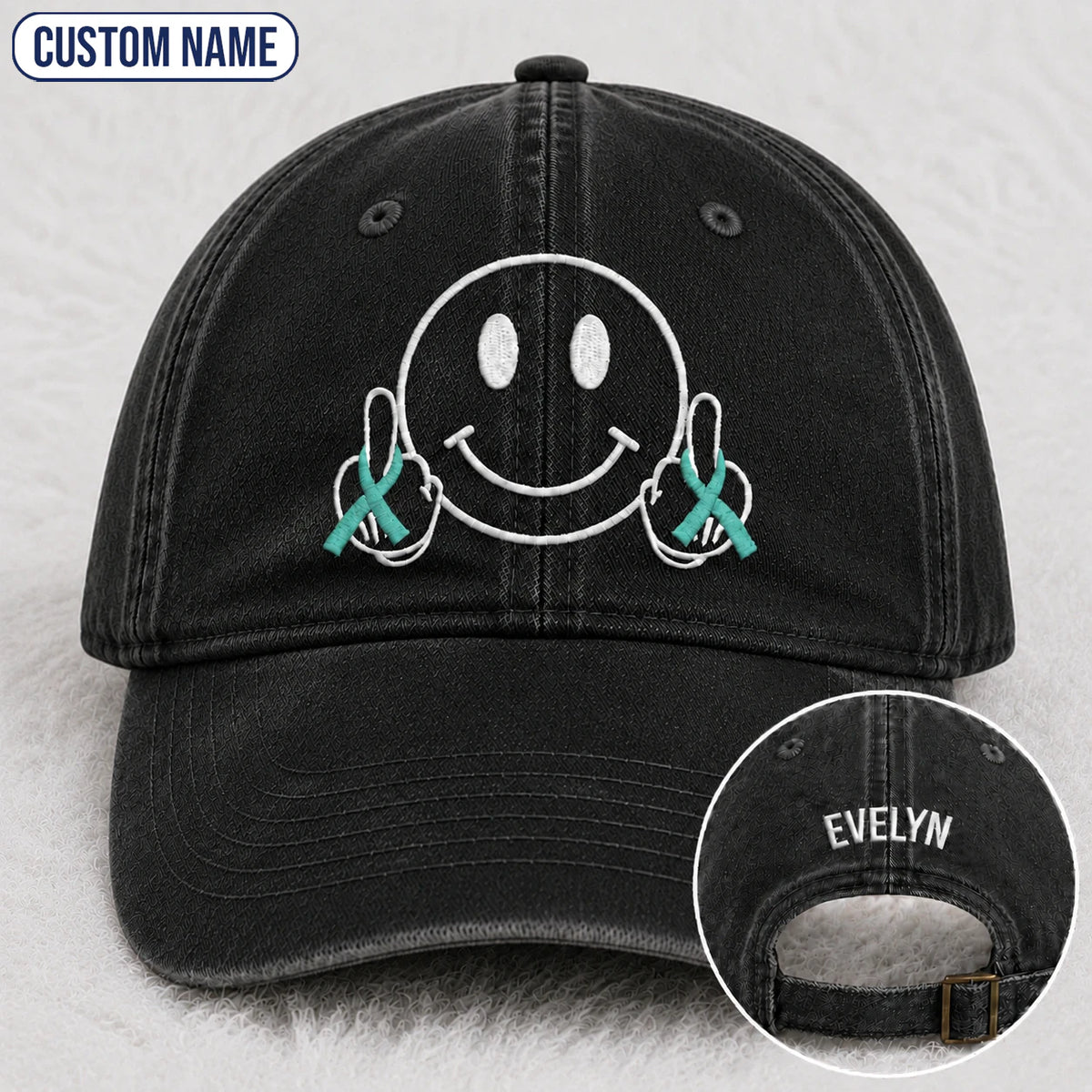 Personalized Smiley Teal Ribbon Embroidered Washed Cap