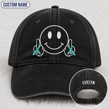 Personalized Smiley Teal Ribbon Embroidered Washed Cap