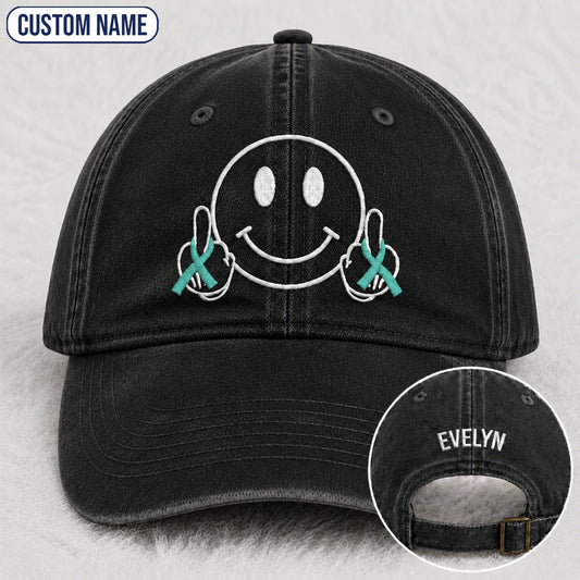 Personalized Smiley Teal Ribbon Embroidered Washed Cap