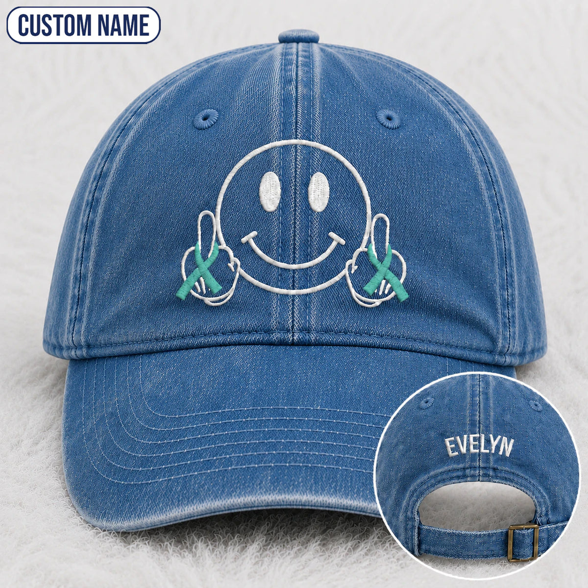 Personalized Smiley Teal Ribbon Embroidered Washed Cap