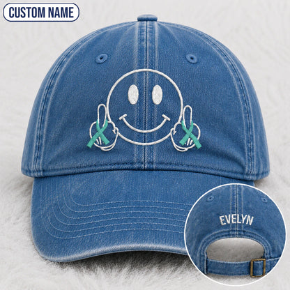 Personalized Smiley Teal Ribbon Embroidered Washed Cap