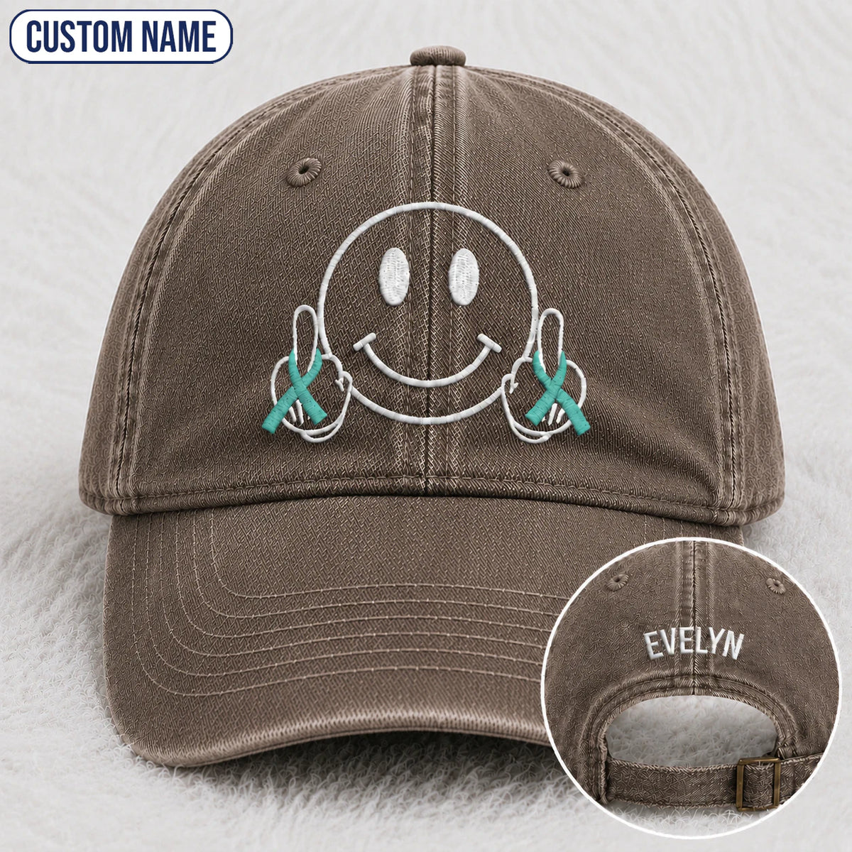 Personalized Smiley Teal Ribbon Embroidered Washed Cap