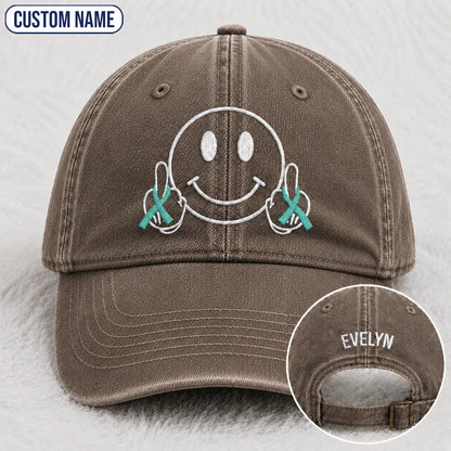 Personalized Smiley Teal Ribbon Embroidered Washed Cap