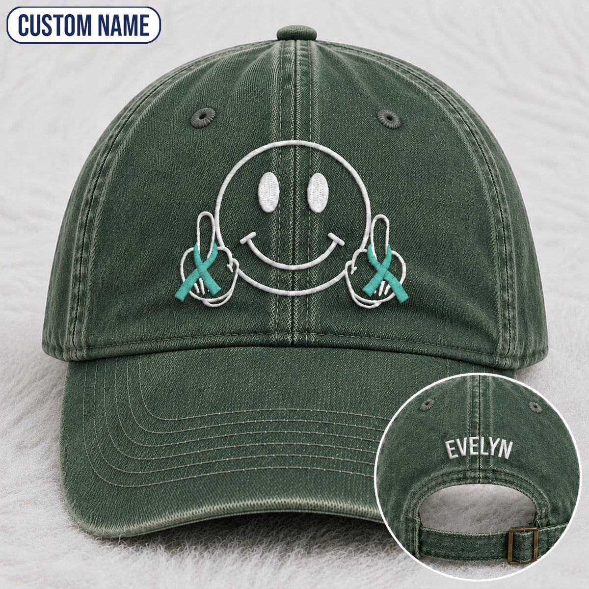 Personalized Smiley Teal Ribbon Embroidered Washed Cap