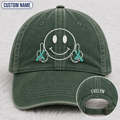 Personalized Smiley Teal Ribbon Embroidered Washed Cap