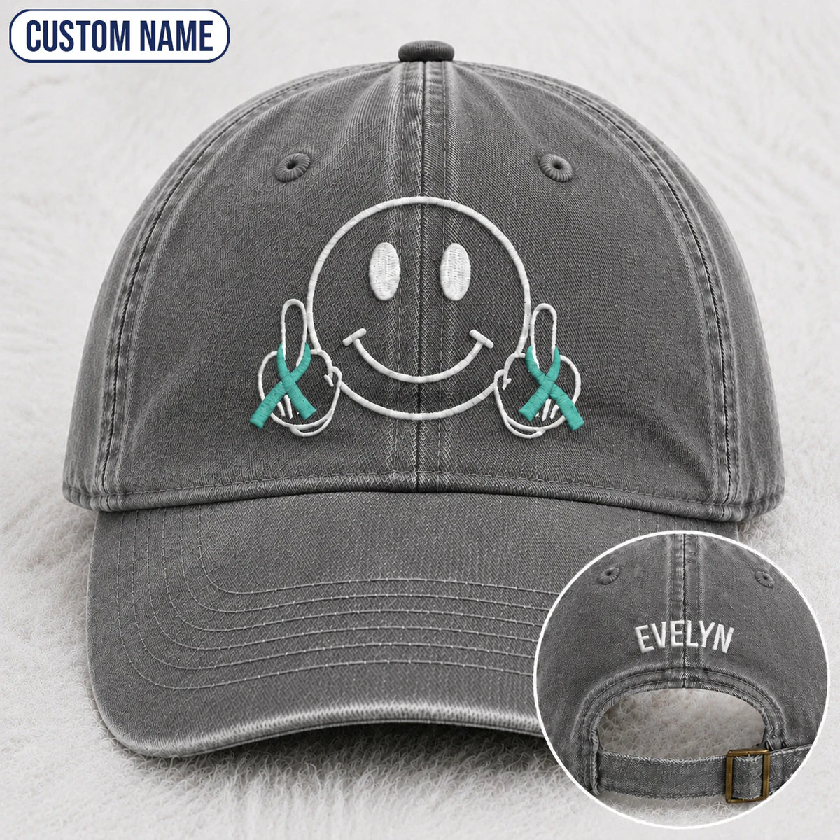 Personalized Smiley Teal Ribbon Embroidered Washed Cap
