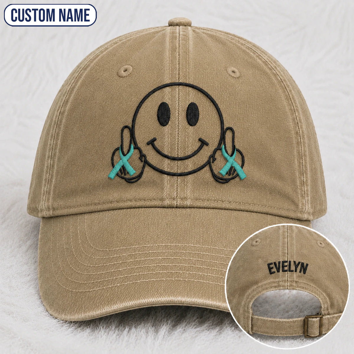 Personalized Smiley Teal Ribbon Embroidered Washed Cap