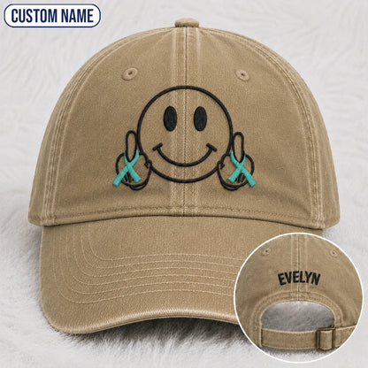 Personalized Smiley Teal Ribbon Embroidered Washed Cap