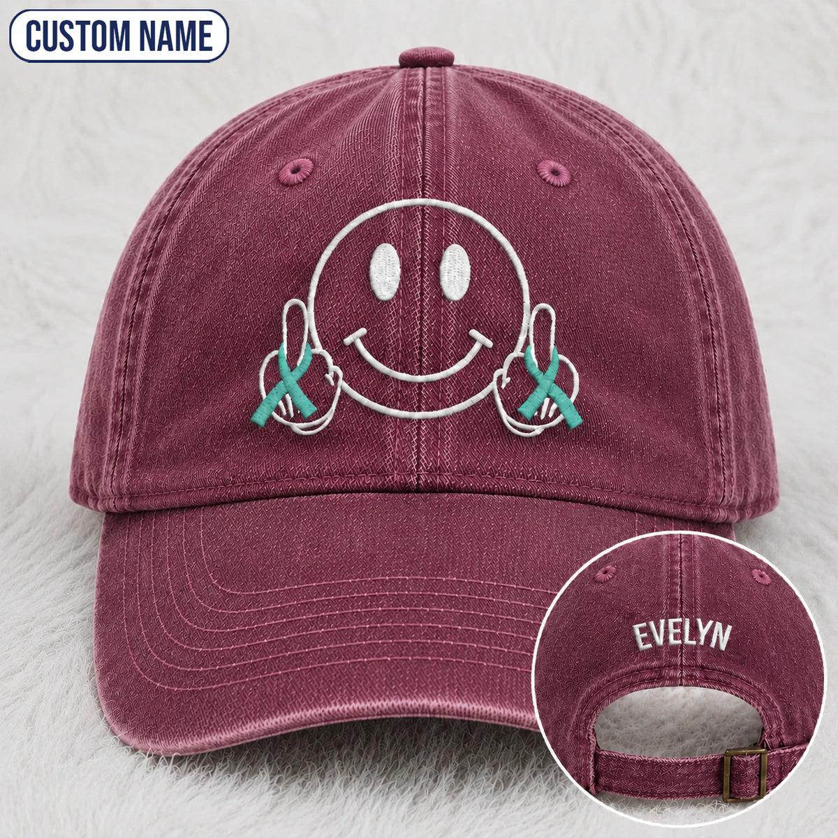 Personalized Smiley Teal Ribbon Embroidered Washed Cap