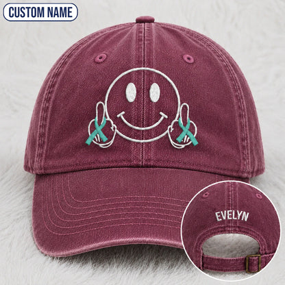 Personalized Smiley Teal Ribbon Embroidered Washed Cap