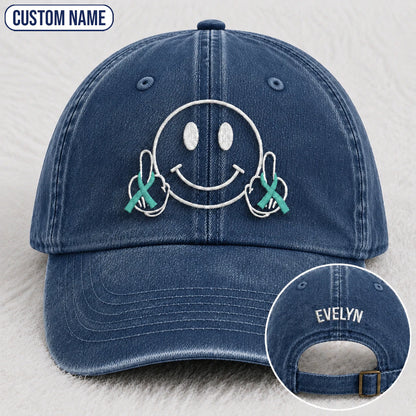 Personalized Smiley Teal Ribbon Embroidered Washed Cap