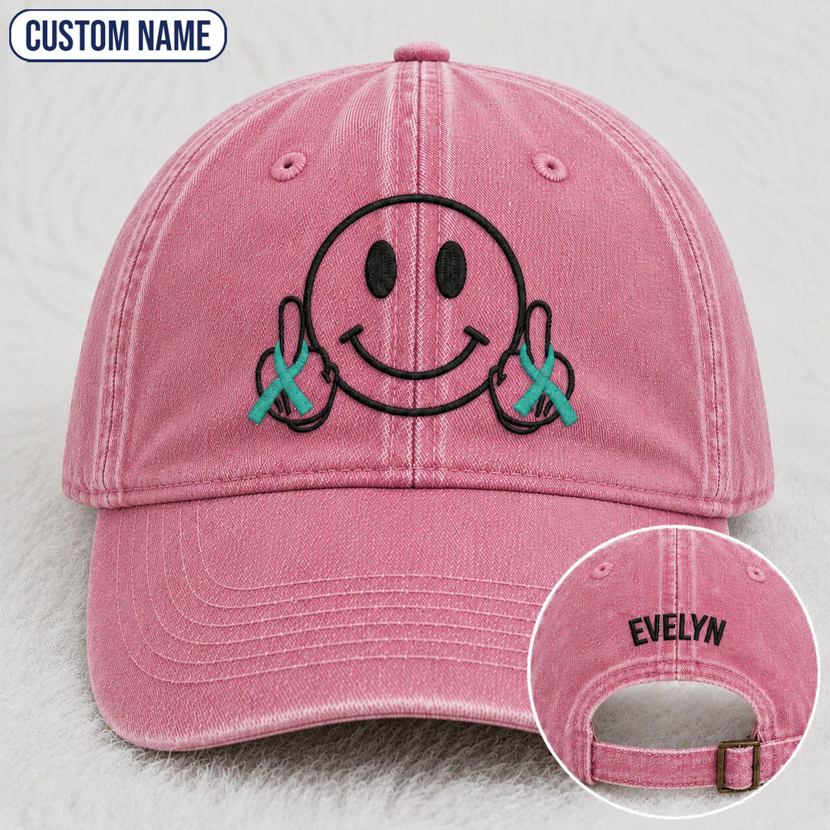 Personalized Smiley Teal Ribbon Embroidered Washed Cap