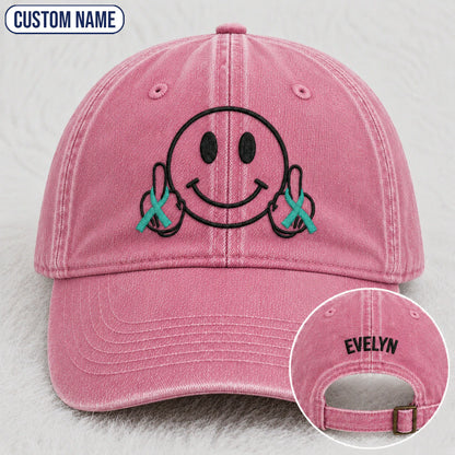 Personalized Smiley Teal Ribbon Embroidered Washed Cap