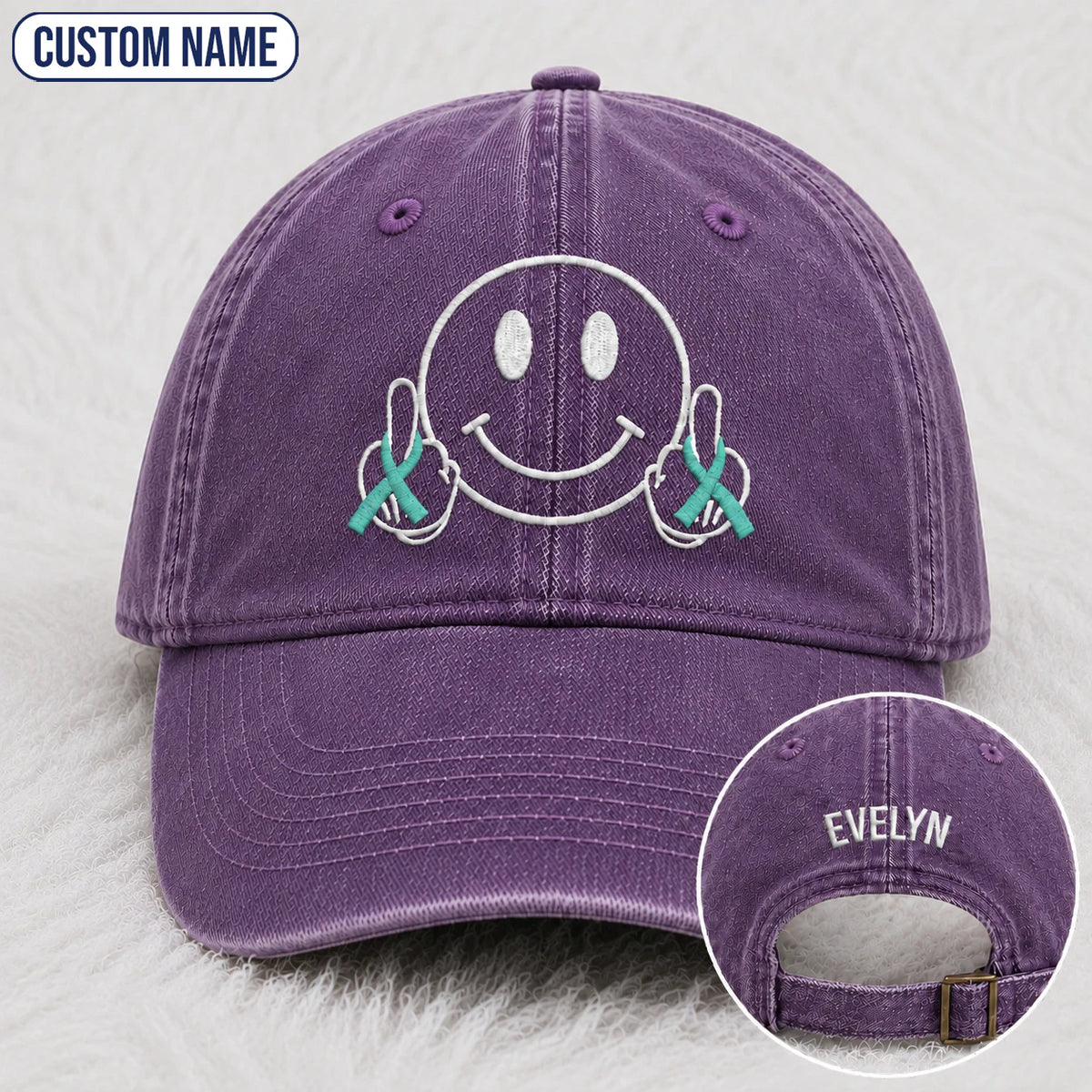 Personalized Smiley Teal Ribbon Embroidered Washed Cap