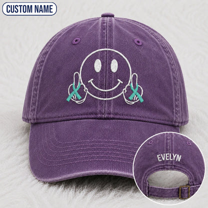 Personalized Smiley Teal Ribbon Embroidered Washed Cap