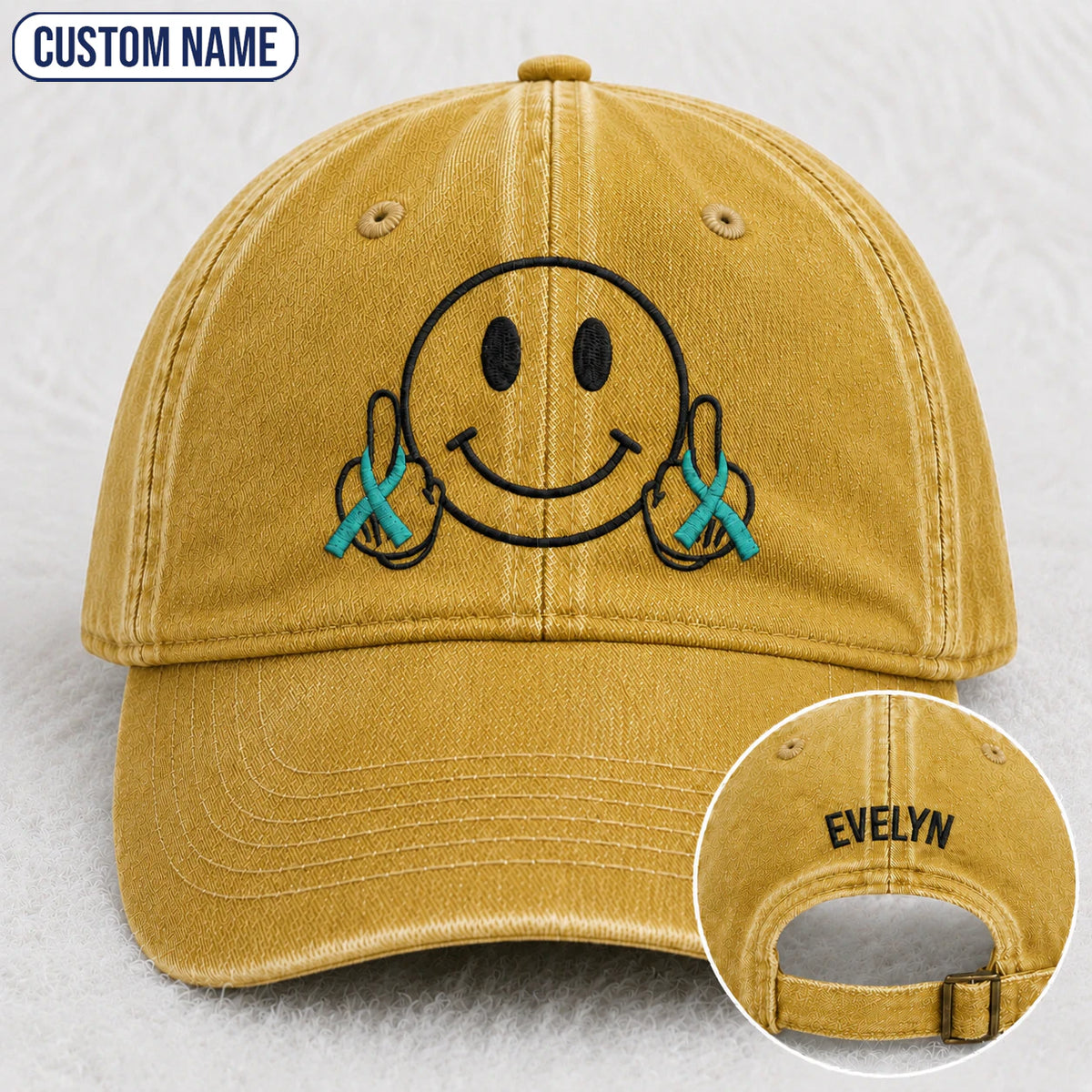 Personalized Smiley Teal Ribbon Embroidered Washed Cap