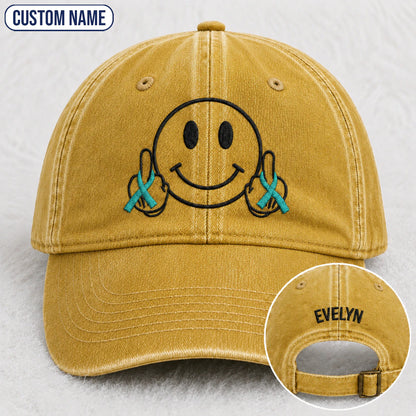 Personalized Smiley Teal Ribbon Embroidered Washed Cap