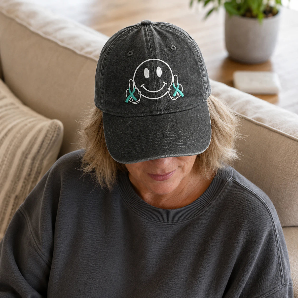 Personalized Smiley Teal Ribbon Embroidered Washed Cap