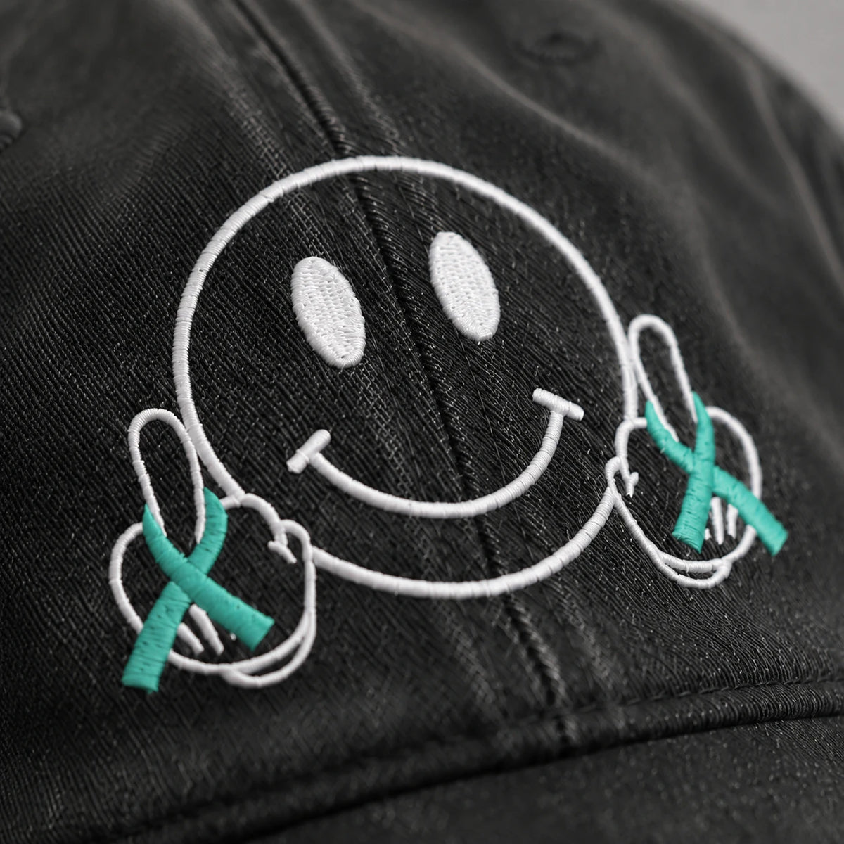 Personalized Smiley Teal Ribbon Embroidered Washed Cap