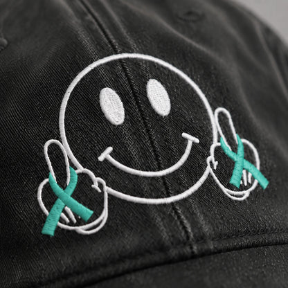 Personalized Smiley Teal Ribbon Embroidered Washed Cap