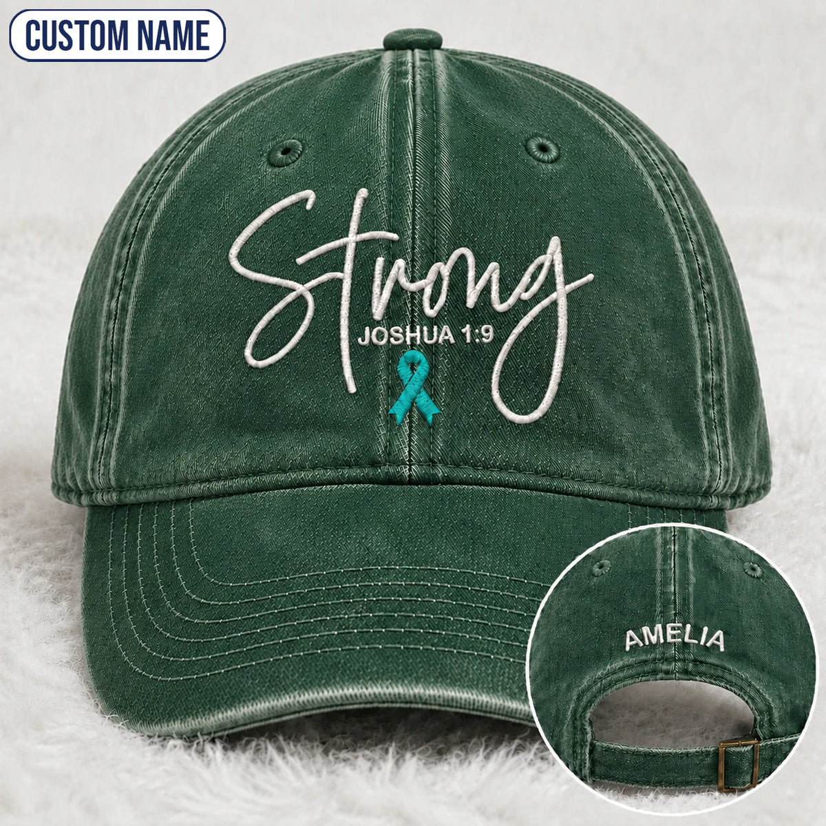 Personalized Strong (Joshua 1 9) Teal Ribbon Embroidered Washed Cap