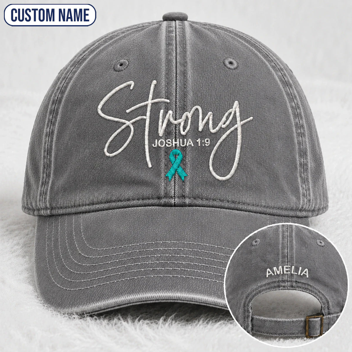 Personalized Strong (Joshua 1 9) Teal Ribbon Embroidered Washed Cap