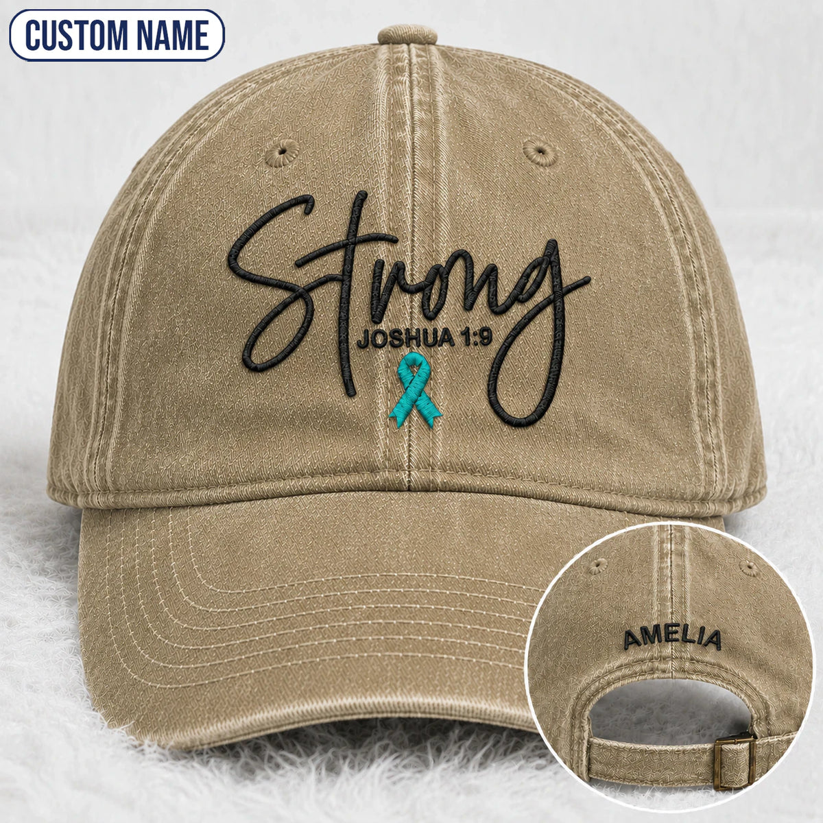 Personalized Strong (Joshua 1 9) Teal Ribbon Embroidered Washed Cap
