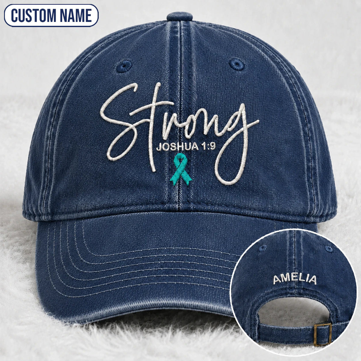 Personalized Strong (Joshua 1 9) Teal Ribbon Embroidered Washed Cap