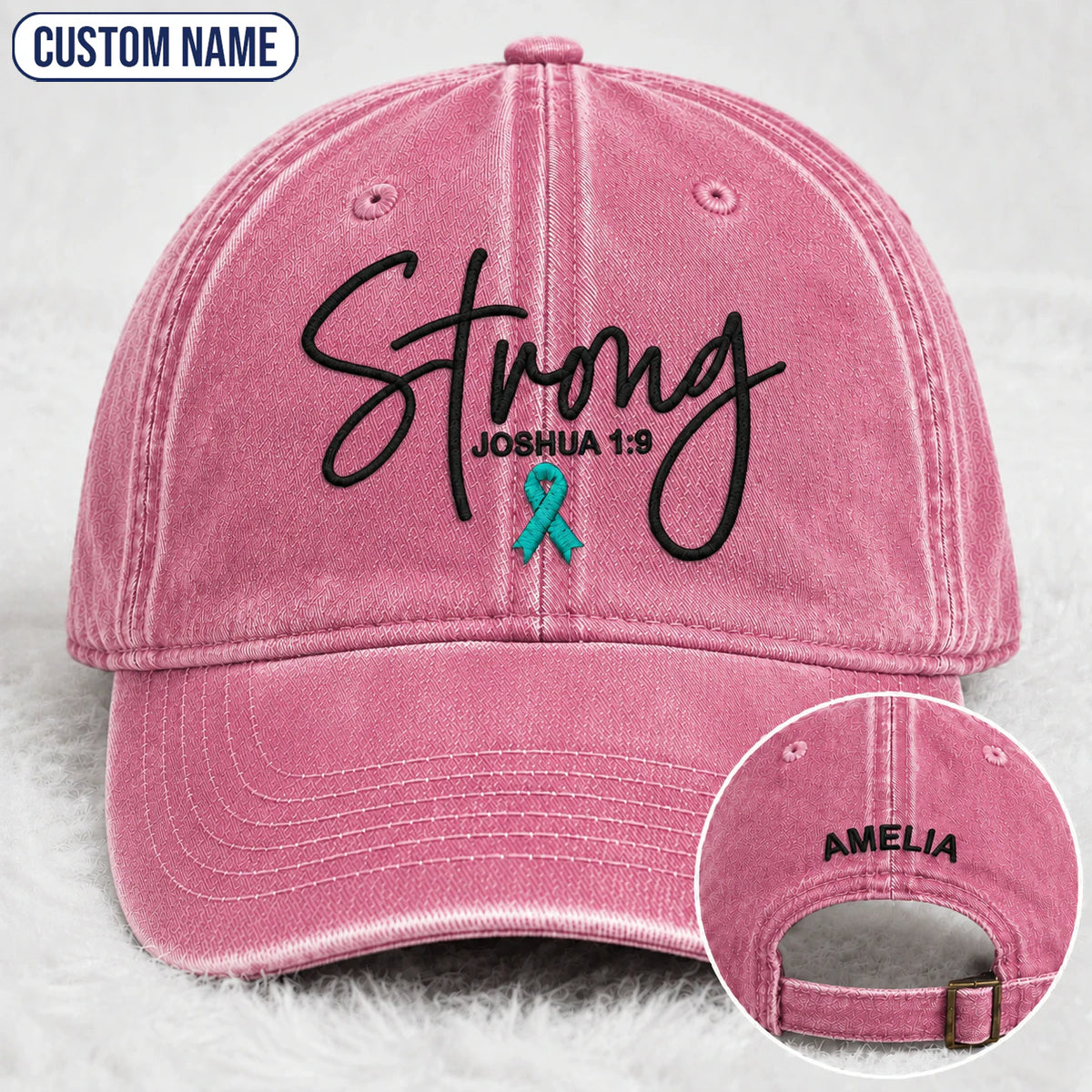 Personalized Strong (Joshua 1 9) Teal Ribbon Embroidered Washed Cap