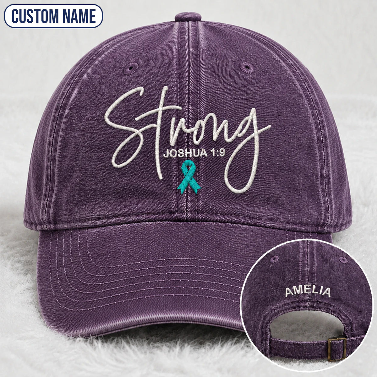 Personalized Strong (Joshua 1 9) Teal Ribbon Embroidered Washed Cap