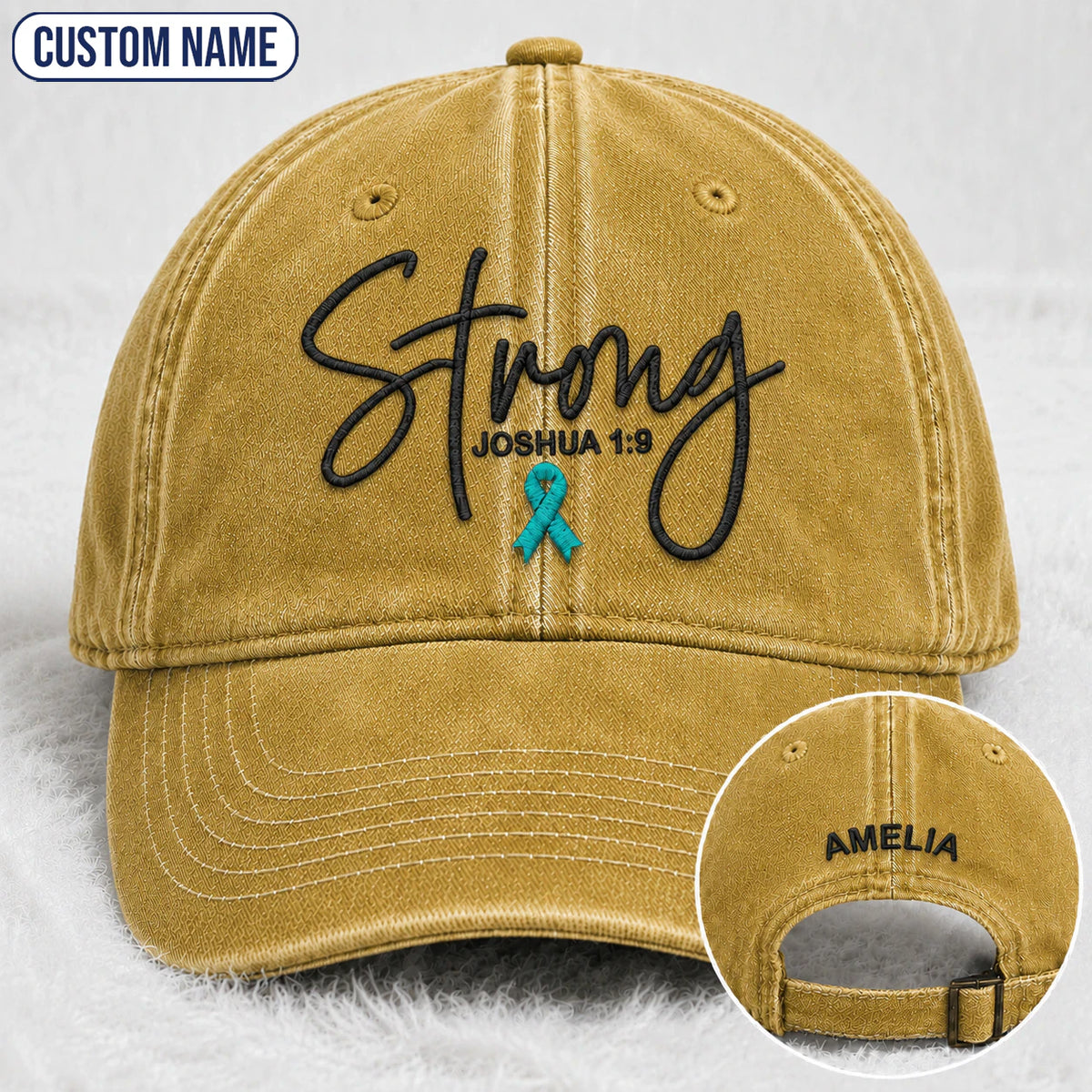Personalized Strong (Joshua 1 9) Teal Ribbon Embroidered Washed Cap