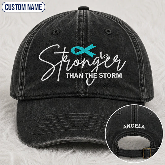 Personalized Stronger Than The Storm Teal Ribbon Embroidered Washed Cap