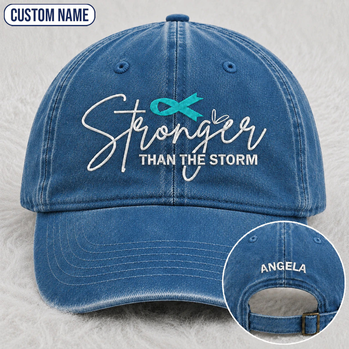 Personalized Stronger Than The Storm Teal Ribbon Embroidered Washed Cap